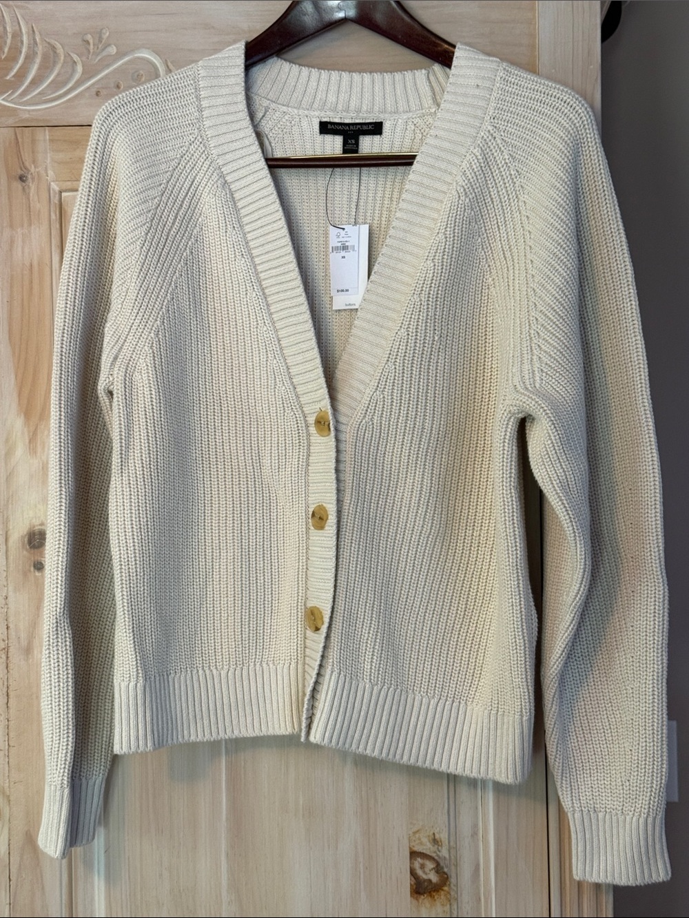 Banana Republic Ivory Button-Front V-Neck 100% Cotton Cardigan